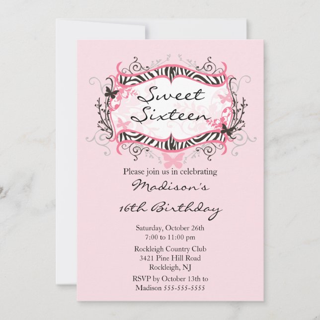 Pink Zebra Sweet Sixteen Birthday Invitation (Front)