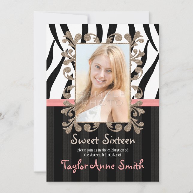 Pink Zebra Sweet Sixteen Photo Invitations (Front)