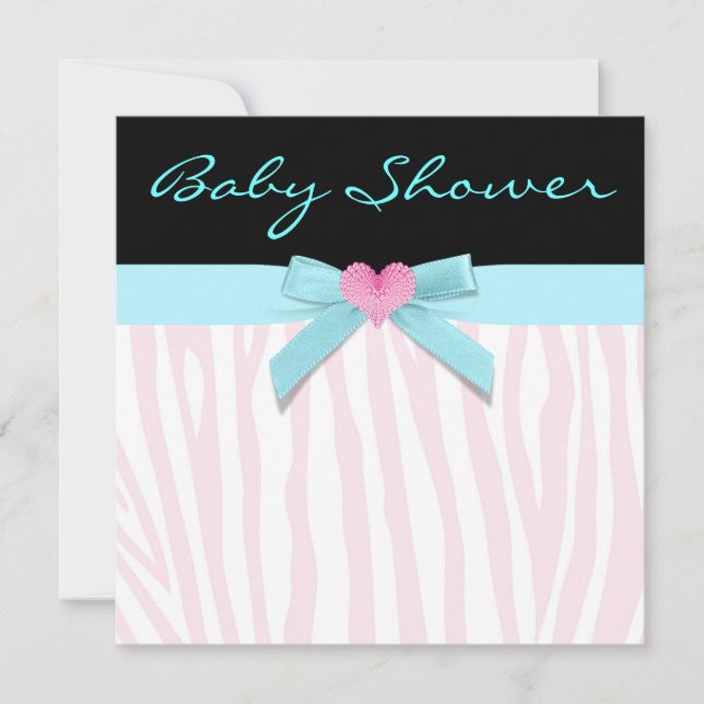 Pink Zebra Teal Heart Baby Girl Shower Invitation (Front)