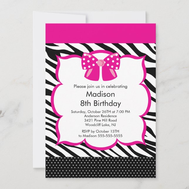 Pink Zebra Tween Birthday Party Invitation (Front)