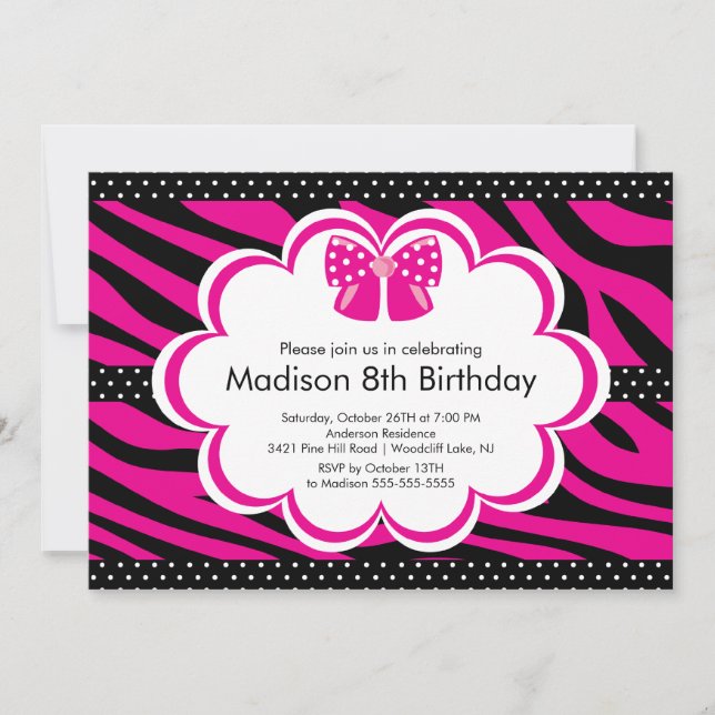 Pink Zebra Tween Birthday Party Invitation (Front)