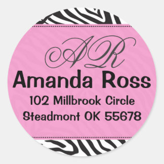 Pink Zebra with initials Classic Round Sticker