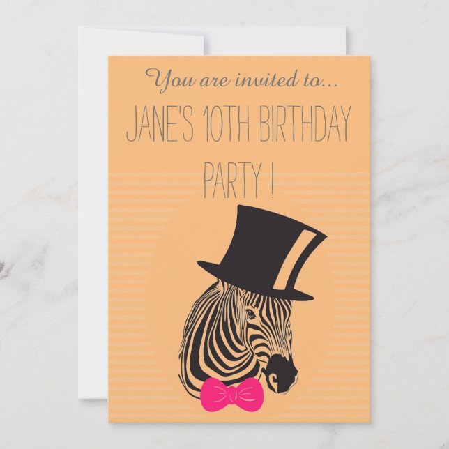 Pink Zebra young girl's or tween birthday party Invitation (Front)