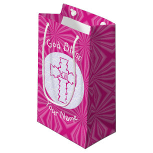 Pink Zig Zag Christian Cross on White Pink Name Small Gift Bag