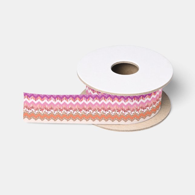 Pink zigzag background satin ribbon (Spool)