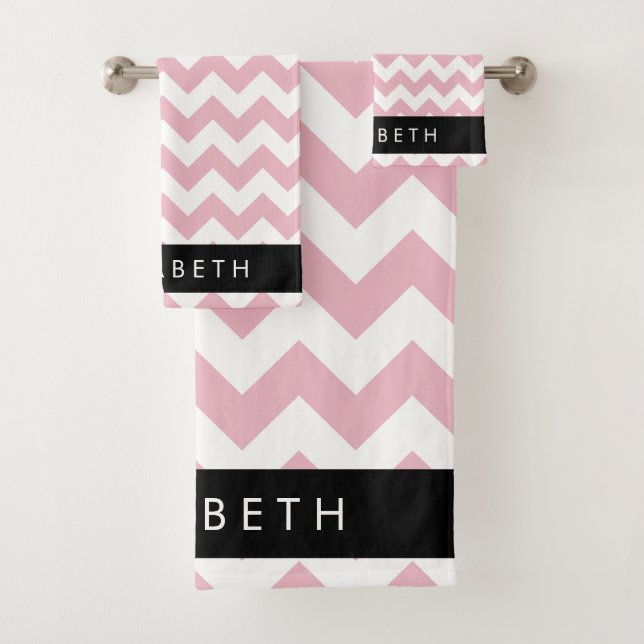 Pink Zigzag, Pink Chevron, Wave Pattern, Your Name Bath Towel Set (Insitu)