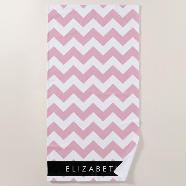 Pink Zigzag, Pink Chevron, Wave Pattern, Your Name Beach Towel (Front)