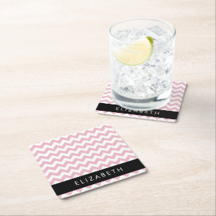 Pink Zigzag, Pink Chevron, Wave Pattern, Your Name Square Paper Coaster