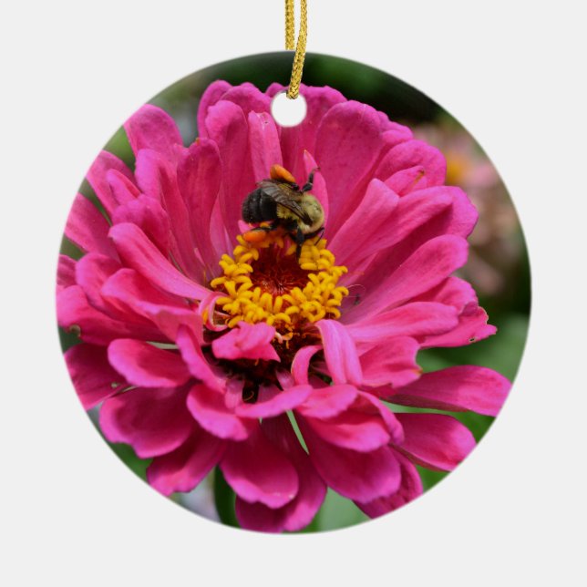 Pink Zinnia and Bumble bee Ceramic Ornament (Front)