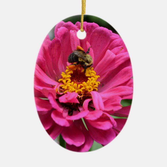 Pink Zinnia and Bumble bee Ceramic Tree Decoration (Front)