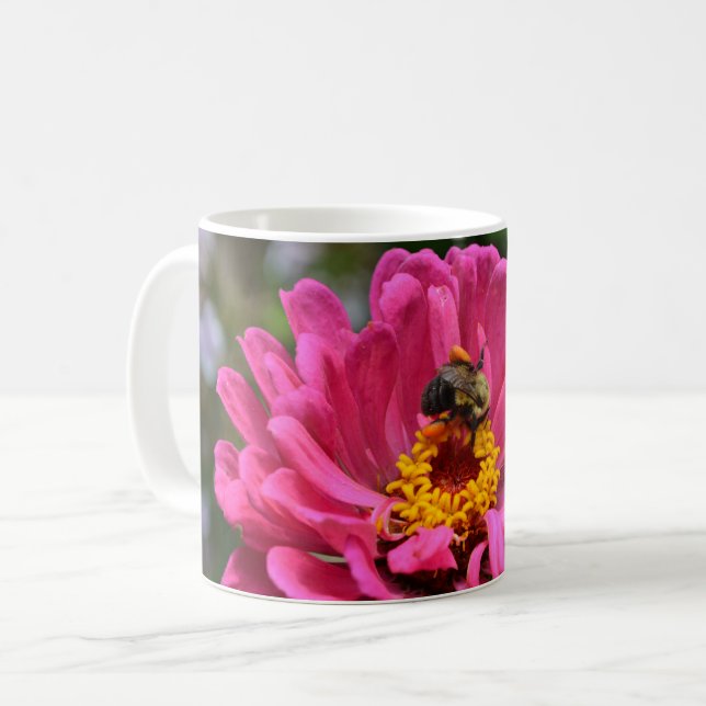 Pink Zinnia and Bumble bee Coffee Mug (Front Left)