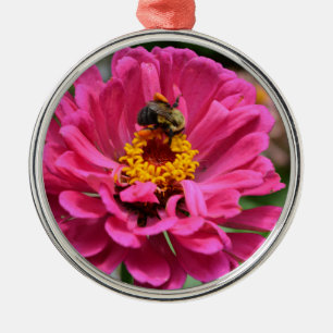 Pink Zinnia and Bumble bee Metal Ornament