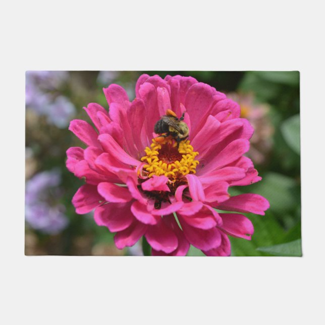 Pink Zinnia and Bumble bee Outdoor Pillow Doormat (Front)