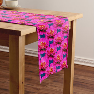 Pink Zinnia Daisy Flower Blue Background Short Table Runner