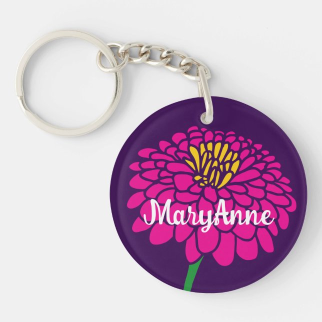 Pink Zinnia flower keychain with custom name (Front)