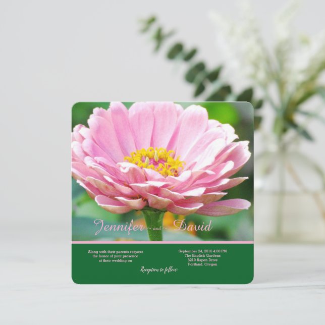 Pink Zinnia Wedding Invitation (Standing Front)