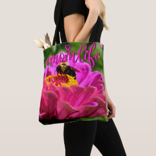 Pink zinnia with bumblebee, pink flowers, cute bee tote bag