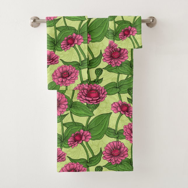 Pink Zinnias on light green Bath Towel Set (Insitu)