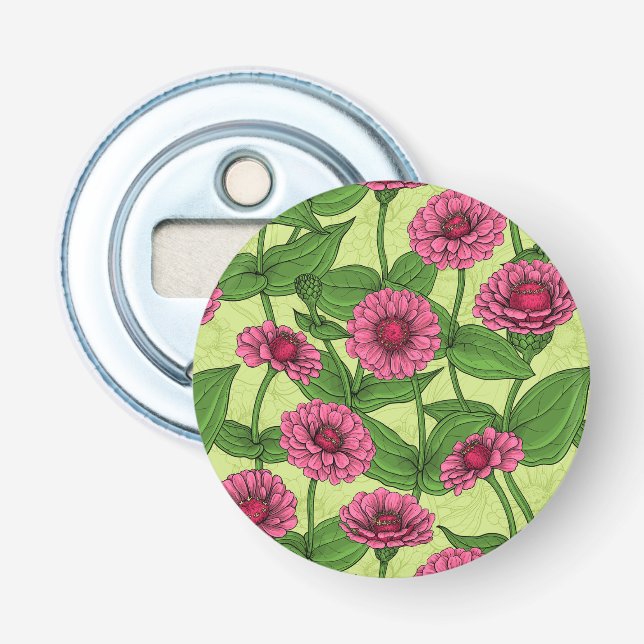 Pink Zinnias on light green Bottle Opener (Front)