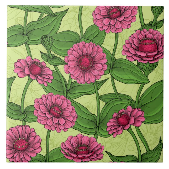 Pink Zinnias on light green Ceramic Tile (Front)