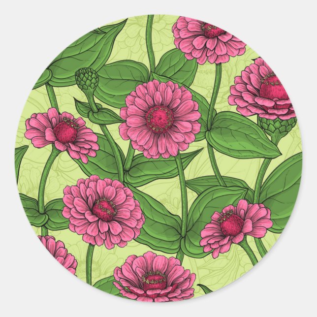 Pink Zinnias on light green Classic Round Sticker (Front)