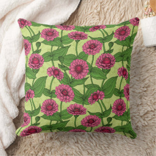Pink Zinnias on light green Cushion