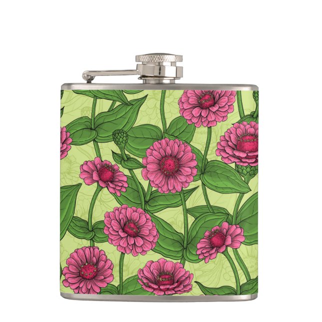 Pink Zinnias on light green Hip Flask (Front)