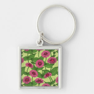 Pink Zinnias on light green Key Ring