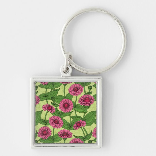 Pink Zinnias on light green Key Ring (Front)