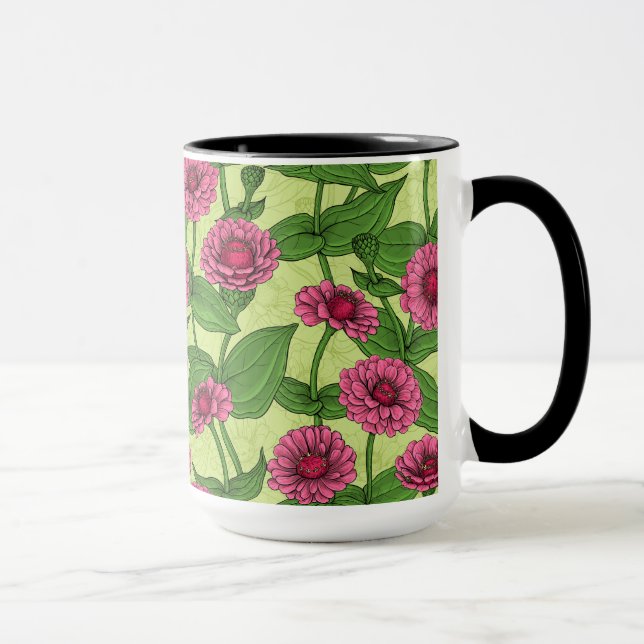 Pink Zinnias on light green Mug (Right)