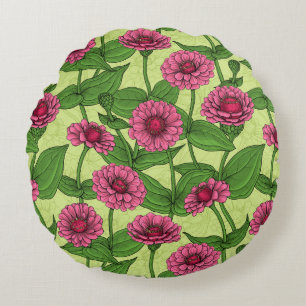 Pink Zinnias on light green Round Cushion