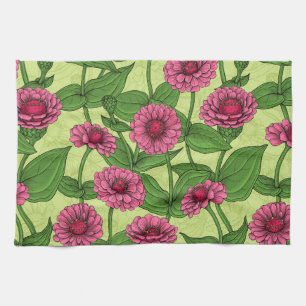 Pink Zinnias on light green Tea Towel