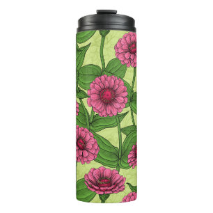 Pink Zinnias on light green Thermal Tumbler