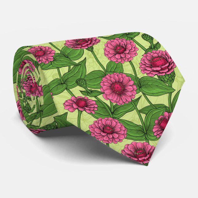 Pink Zinnias on light green Tie (Rolled)