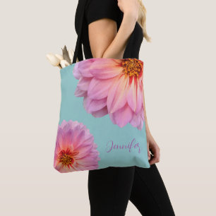 Pink Zinnias with Custom Name Light Teal Tote Bag