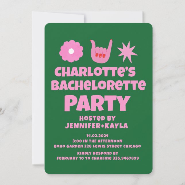 PinkGreen Handwritting Retro Bachelorette Party Invitation (Front)