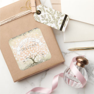 Pinkish Coral Swirl Heart Leaf Tree Wedding Seal