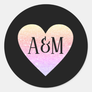 pinkish heart of love bride groom initials classic round sticker