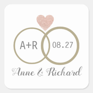 pinkish love heart & wedding rings personalised square sticker