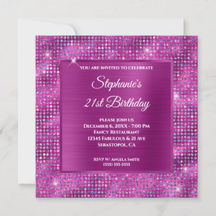 Pinkish Purple Diamond Studded Foil 21st Birthday Invitation