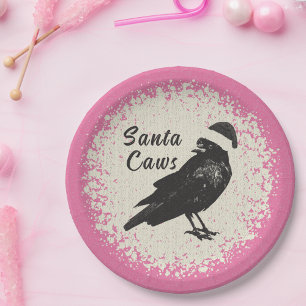 Pinkmas Crow Santa Pink Black and Ivory Christmas Paper Plate