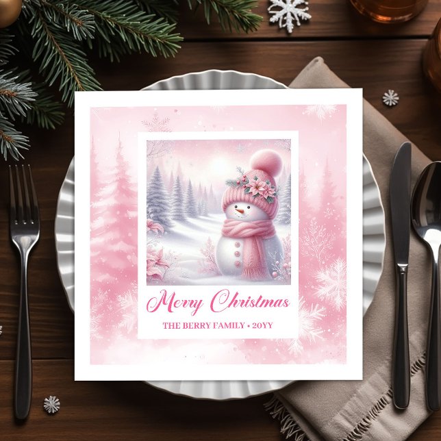 Pinkmas Snowman Christmas Scene Napkins Winter  (Pinkmas Snowman Christmas Scene Napkins Winter Style)