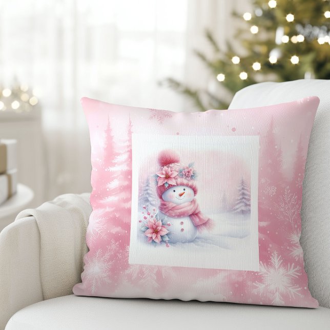 Pinkmas Snowy Forest Snowman Kids Room Decor Cushion (Pinkmas Snowy Forest Snowman Kids Room Decor)