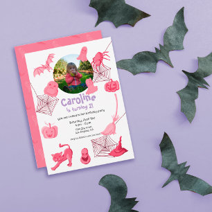 Pinkn Halloween-themed birthday party invitation