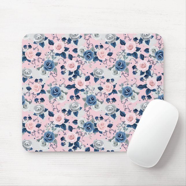 Pinks, Blues, and Grey Roses Mousepad (With Mouse)