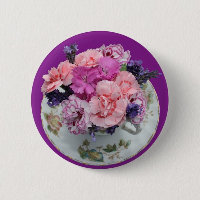 Pinks carnations in teacup 6 cm round badge (Front)