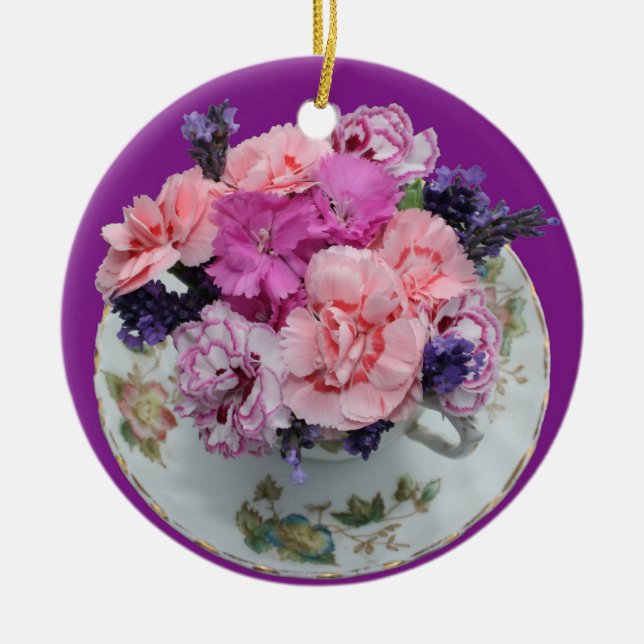 Pinks carnations in teacup ceramic ornament (Front)