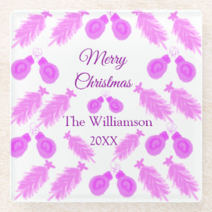 Pinky christmas retro add name text year bells tre glass coaster