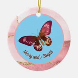 Pinky Peach Butterfly on Blue Sky Merry and Bright Ceramic Ornament