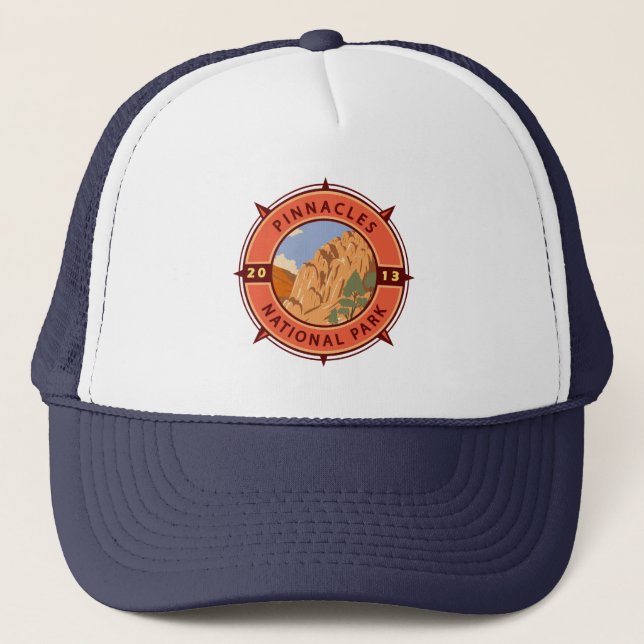 Pinnacles National Park Retro Compass Emblem Trucker Hat (Front)